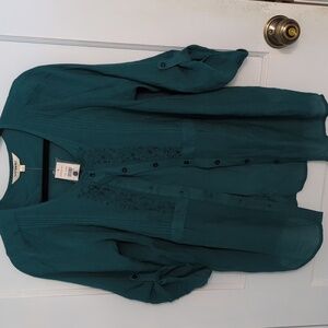Tantrums Sz L Teal Embroidered Button Up Blouse NWT